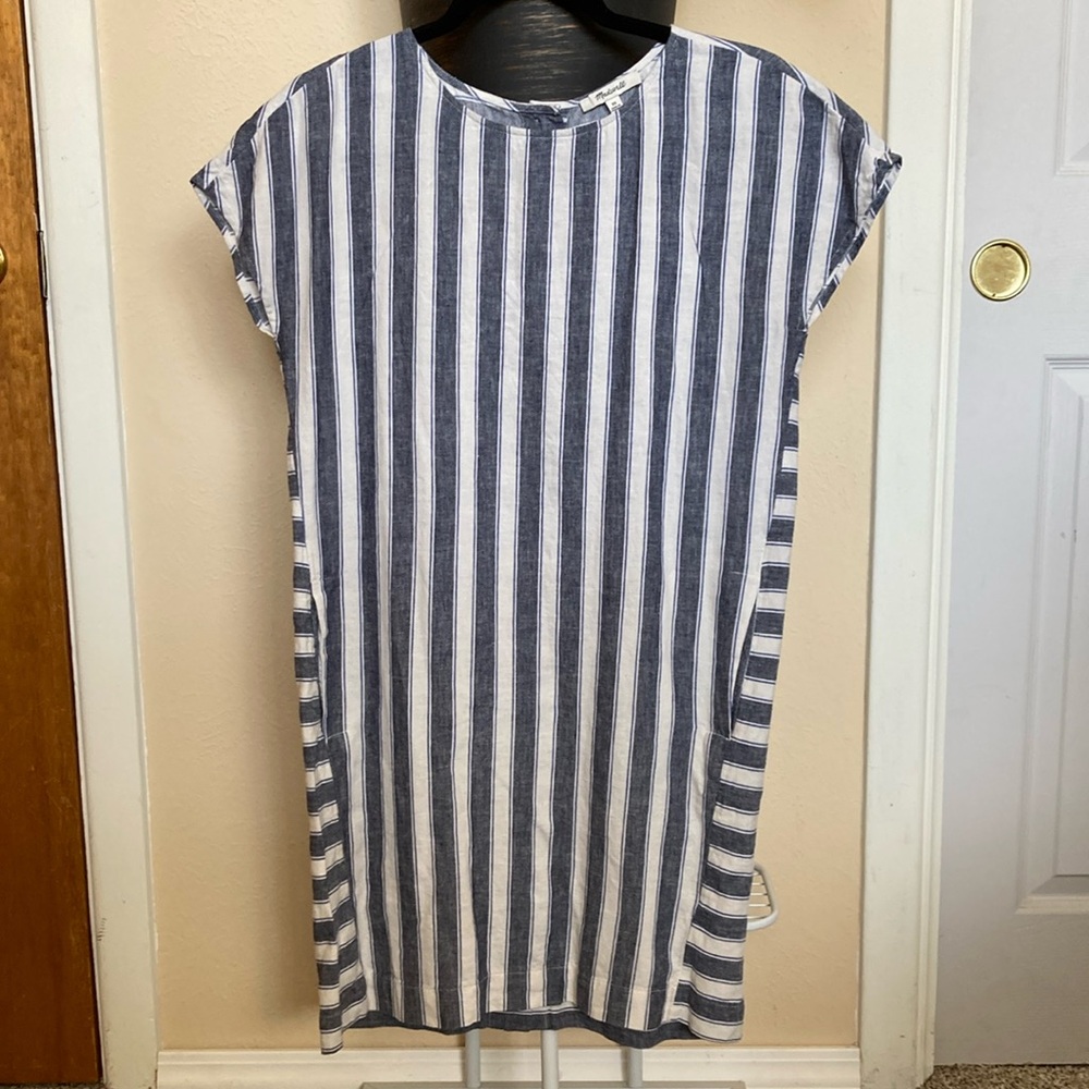 Madewell Stripe-Play Button-Back Dress blue and white XS